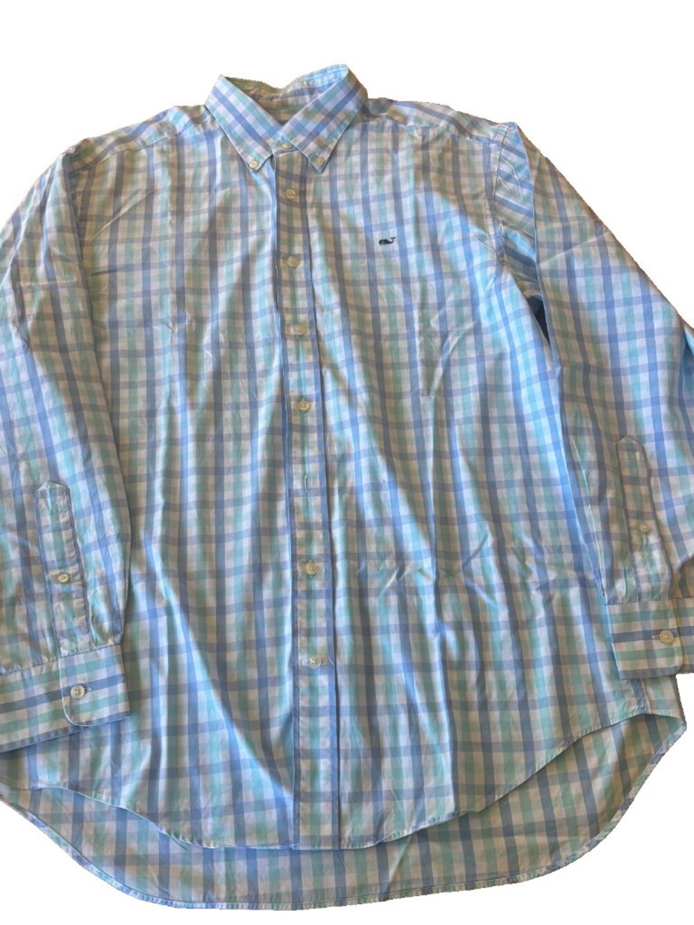 Vineyard Vines White Blue Teal Plaid Whale Button Up Dress Shirt M Logo Preppy